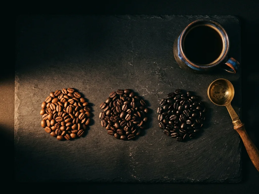 Three piles of roasted single-origin beans in different roast shades beside a cup of black coffee