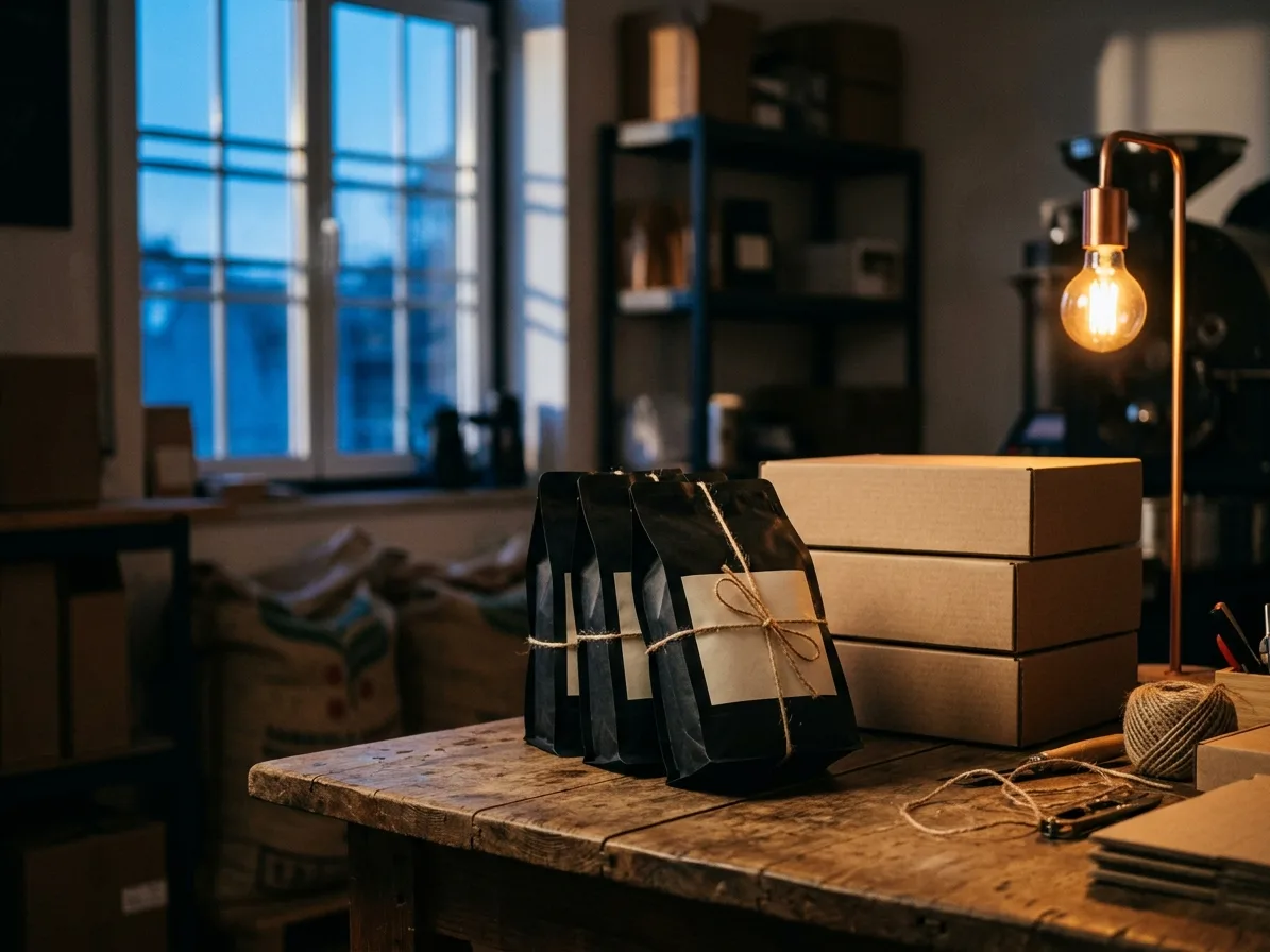 Black coffee bags tied with twine on a packing table as morning light comes through the window