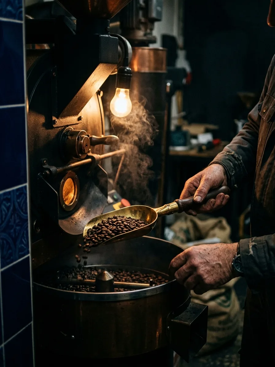 A roaster's hands pulling a brass trier of freshly roasted beans from the drum, lit by lamplight